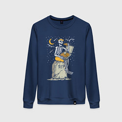 Свитшот хлопковый женский Скелет ест пиццу, цвет: тёмно-синий