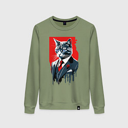 Свитшот хлопковый женский Кот джентльмен с голубыми глазами - мем, цвет: авокадо