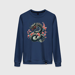 Свитшот хлопковый женский Japanese dragon and sakura - irezumi, цвет: тёмно-синий