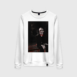 Свитшот хлопковый женский Пила кукла Билли на столе, цвет: белый