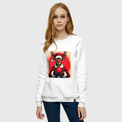 Свитшот хлопковый женский Рождественский олень Рудольф в шапке Санты, цвет: белый — фото 2