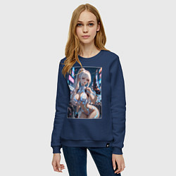 Свитшот хлопковый женский Девушка с пистолетом с киберимплантами, цвет: тёмно-синий — фото 2