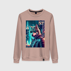 Свитшот хлопковый женский Крутой волчара в ночном Нью-Йорке - нейроарт, цвет: пыльно-розовый