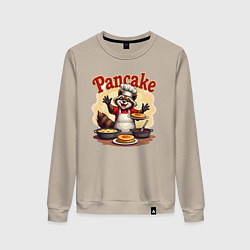 Свитшот хлопковый женский Енот готовит панкейки, цвет: миндальный