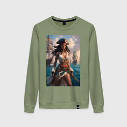 Свитшот хлопковый женский Пиратка на фона флотилии кораблей, цвет: авокадо