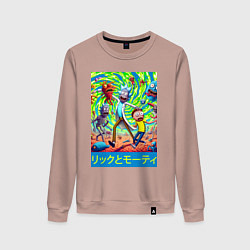 Свитшот хлопковый женский Rick and Morty among the monsters - ai art, цвет: пыльно-розовый