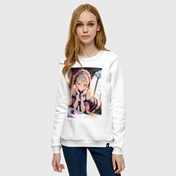Свитшот хлопковый женский Смущенная девушка на кровати, цвет: белый — фото 2