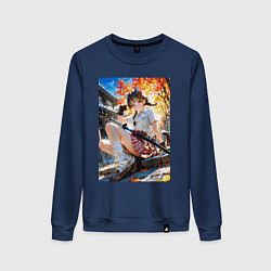 Свитшот хлопковый женский Кошечка в саду с катаной, цвет: тёмно-синий