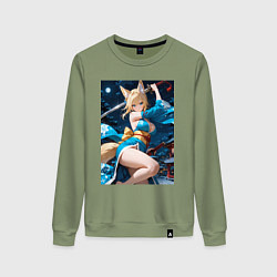 Свитшот хлопковый женский Прекрасная лисица с катаной, цвет: авокадо