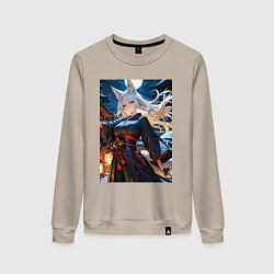 Свитшот хлопковый женский Самурай-лиса на фоне полнолуния, цвет: миндальный