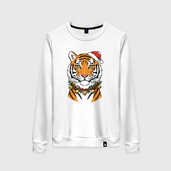 Свитшот хлопковый женский Новогодний портрет тигра, цвет: белый