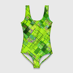 Женский купальник-боди Ярко-зеленый абстрактный узор