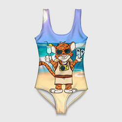 Купальник-боди 3D женский Тигр в отпуске на новый год на море, цвет: 3D-принт