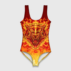 Купальник-боди 3D женский Огненный тигр в пламени, цвет: 3D-принт