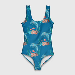 Купальник-боди 3D женский Дельфины Море паттерн, цвет: 3D-принт