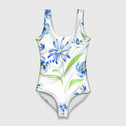 Женский купальник-боди Цветы Синие Нарисованные Карандашами