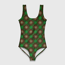 Женский купальник-боди Коричневые круги на зеленом фоне