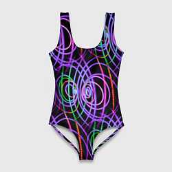 Купальник-боди 3D женский Неоновые круги и линии - Фиолетовый, цвет: 3D-принт