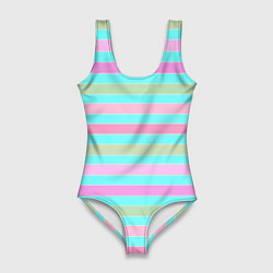 Купальник-боди 3D женский Pink turquoise stripes horizontal Полосатый узор, цвет: 3D-принт