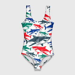 Купальник-боди 3D женский Стая разноцветных акул - паттерн, цвет: 3D-принт