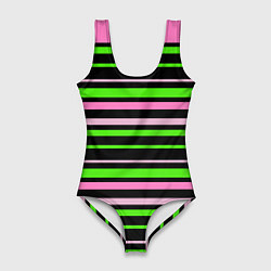 Женский купальник-боди Полосаты узор в зелено-розовых оттенках на черном