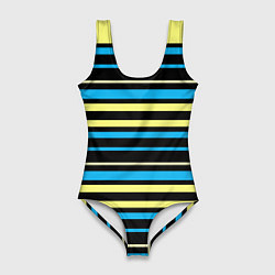Женский купальник-боди Желто-голубые полосы на черном фоне