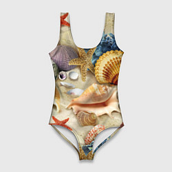 Купальник-боди 3D женский Морские раковины, кораллы, морские звёзды на песке, цвет: 3D-принт