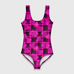 Женский купальник-боди Black and pink hearts pattern on checkered