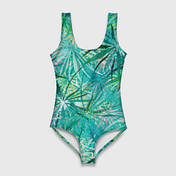 Женский купальник-боди Тропические листья на зеленом фоне