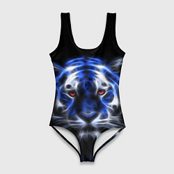 Купальник-боди 3D женский Синий неоновый тигр, цвет: 3D-принт