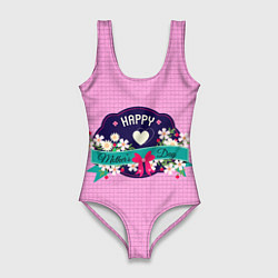 Купальник-боди 3D женский Happy Mothers Day - эмблема, цвет: 3D-принт