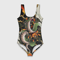 Купальник-боди 3D женский Змея в японских пионах, цвет: 3D-принт