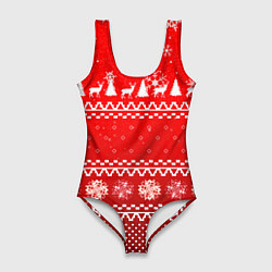 Купальник-боди 3D женский Узор с оленями и ёлками, цвет: 3D-принт