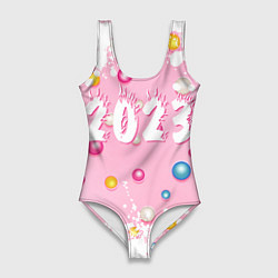 Купальник-боди 3D женский White and pink 2023, цвет: 3D-принт