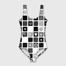 Купальник-боди 3D женский Черно-белый узор мозаика, цвет: 3D-принт