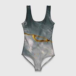 Купальник-боди 3D женский Абстрактный серо-белый туман и золотая краска, цвет: 3D-принт