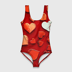 Женский купальник-боди Красные сердца на красном фоне