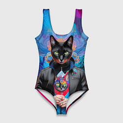 Женский купальник-боди Чёрная модница кошка - нейросеть