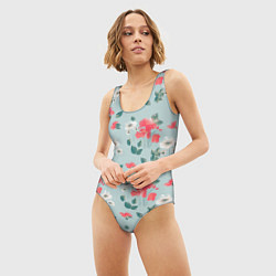 Купальник-боди 3D женский Паттерн с красными и белыми цветами, цвет: 3D-принт — фото 2