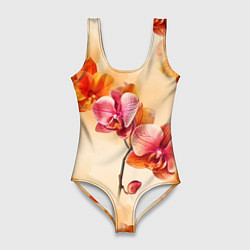 Купальник-боди 3D женский Акварельные цветы - персиковый паттерн, цвет: 3D-принт