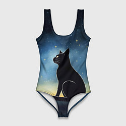 Женский купальник-боди Черный кот и звезды - акварель