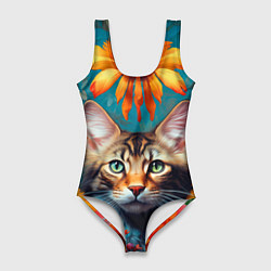Купальник-боди 3D женский Дикая кошка в цветах, цвет: 3D-принт