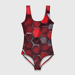 Купальник-боди 3D женский Cyber hexagon red, цвет: 3D-принт