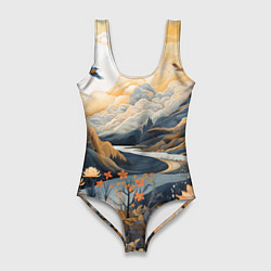 Женский купальник-боди Солнечное утро в цветущих горах