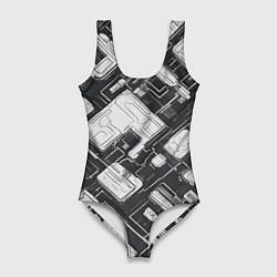 Купальник-боди 3D женский Полосы Чёрно-белые киберпанк, цвет: 3D-принт