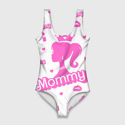 Купальник-боди 3D женский Мамочка - силуэт барби: паттерн розовый на белом ф, цвет: 3D-принт