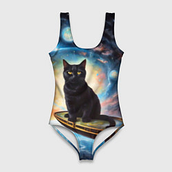 Купальник-боди 3D женский Черный кот на космическом корабле летящий в космос, цвет: 3D-принт