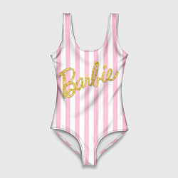 Женский купальник-боди Barbie - золотая надпись и бело-розовые полосы