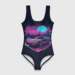 Купальник-боди 3D женский Пальмы и гоночная машина в пурпурном свечении, цвет: 3D-принт