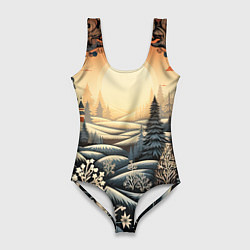 Купальник-боди 3D женский Зимний предновогодний пейзаж, цвет: 3D-принт
